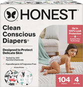 The Honest Company Comfort Dry Disposable Daytime Diapers for Sensitive Skin, Hypoallergenic, Space Travel + Big Trucks, Super Club Box Size 4 (22–37 lbs) 104 Count