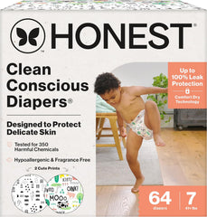 The Honest Company Comfort Dry Disposable Daytime Diapers for Sensitive Skin, Hypoallergenic, Barnyard Babies + Pattern Play, Super Club Box, Size 7, (41 lbs), 64 Count