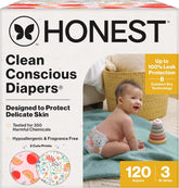 The Honest Company Comfort Dry Disposable Daytime Diapers, Hypoallergenic, Fragrance-Free, Sensitive Skin, Just Peachy + Flower Power, Super Club Box Size 3 (16–28 lbs), 120 Count