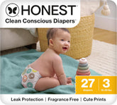 The Honest Company Comfort Dry Disposable Daytime Diapers for Sensitive Skin, Up to 100% Leakproof, Hypoallergenic, Fragrance Free, Donut Grow Up, Polybag, Size 3 (16-28 lbs), 27 Count