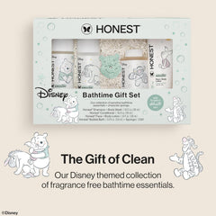 The Honest Company Fragrance-Free Bathtime Gift Set, Disney Design, Hypoallergenic, Bath Essentials for Sensitive Skin, Shampoo and Body Wash, Face Lotion, Bubble Bath, Conditioner, Sponge