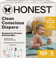 The Honest Company Comfort Dry Disposable Daytime Diapers for Sensitive Skin, Hypoallergenic, Space Travel + It's a Pawty, Super Club Box Size 3, (16–28 lbs), 120 Count