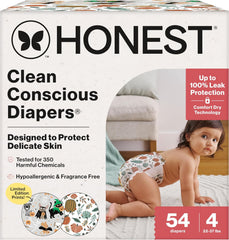 The Honest Company Comfort Dry Disposable Daytime Diapers for Sensitive Skin, Hypoallergenic, Fragrance-Free, Fall '25 Seasonal Prints, Club Box, Size 4 (22-37 lbs), 54 Count