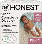 The Honest Company Comfort Dry Disposable Daytime Diapers for Sensitive Skin, Hypoallergenic, All the Alpacas + Turtle Time, Super Club Box Size 1 (8–14 lbs), 136 Count