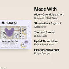 The Honest Company Calm Lavender Bathtime Gift Set, Disney Design, Hypoallergenic Bath for Sensitive Baby Skin, Shampoo Body Wash Face Lotion Bubble Conditioner Sponge