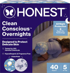 The Honest Company Comfort Dry Overnight Diapers, Up to 12 Hours Protection, Hypoallergenic, Cozy Cloud + Star Signs, Club Box Size 5 (27+ lbs), 40 Count
