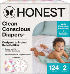The Honest Company Comfort Dry Disposable Daytime Diapers for Sensitive Skin, Hypoallergenic, Fragrance-Free, Rose Blossom + Tutu Cute, Super Club Box, Size 2 (12-18 lbs), 124 Count