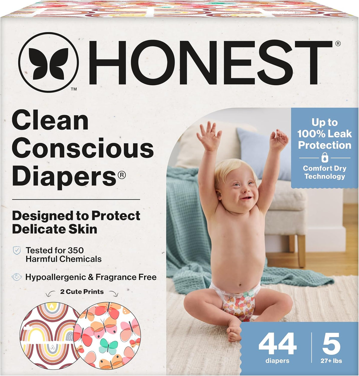 The Honest Company Comfort Dry Disposable Daytime Diapers for Sensitive Skin, Hypoallergenic, Fragrance-Free, Wingin' It + Catching Rainbows, Club Box Size 5 (27 lbs), 44 Count