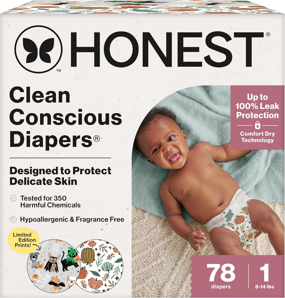 The Honest Company Comfort Dry Disposable Daytime Diapers for Sensitive Skin, Hypoallergenic, Fragrance-Free, Fall '25 Seasonal Prints, Club Box, Size 1 (8-14 lbs), 78 Count
