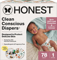 The Honest Company Comfort Dry Disposable Daytime Diapers for Sensitive Skin, Hypoallergenic, Fragrance-Free, Fall '25 Seasonal Prints, Club Box, Size 1 (8-14 lbs), 78 Count