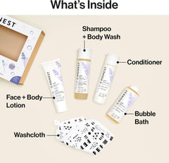 The Honest Company Calming Lavender Bathtime Gift Set Hypoallergenic Bath Essentials for Sensitive Baby Skin Shampoo and Body Wash Face Lotion Bubble Conditioner Cloth