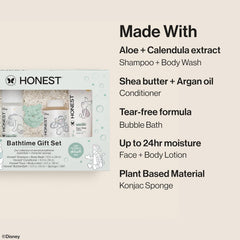 The Honest Company Fragrance-Free Bathtime Gift Set, Disney Design, Hypoallergenic, Bath Essentials for Sensitive Skin, Shampoo and Body Wash, Face Lotion, Bubble Bath, Conditioner, Sponge