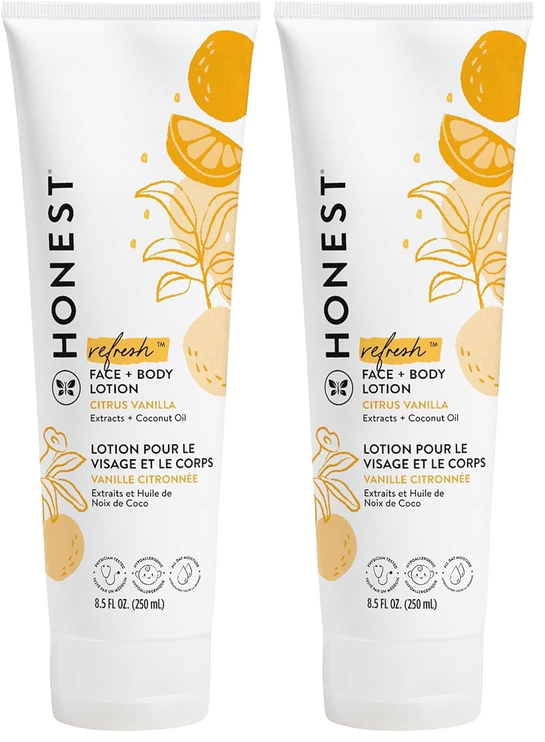 The Honest Company Hydrating Face and Body Lotion,Fast Absorbing,Naturally Derived Hypoallergenic,Citrus Vanilla Refresh,8.5 fl oz,(Pack of 2)