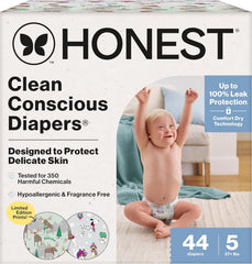The Honest Company Comfort Dry Disposable Diapers for Sensitive Skin, Hypoallergenic, Fragrance-Free, Winter '25 Seasonal Prints, Club Box, Size 5 (27 lbs), 44 Count