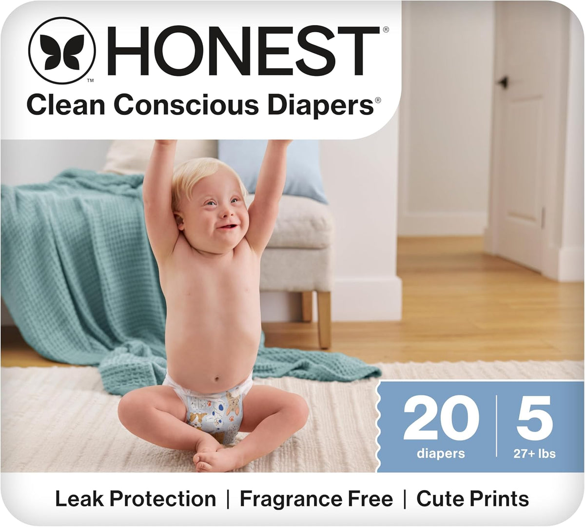 The Honest Company Comfort Dry Disposable Daytime Diapers for Sensitive Skin, Hypoallergenic, Fragrance-Free, It's a Pawty, Polybag Size 5 (27 lbs), 20 Count