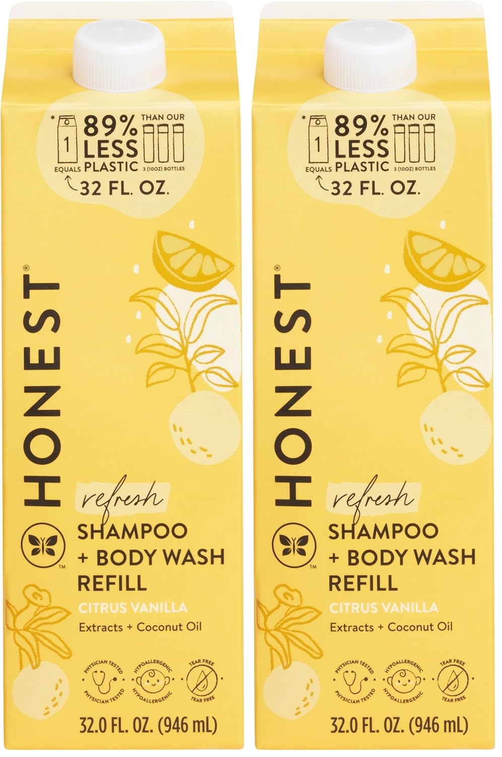 The Honest Company 2-in-1 Cleansing Shampoo Body Wash Refill Carton, Gentle for Baby, Naturally Derived, Tear-free, Hypoallergenic, Citrus Vanilla Refresh, 32 fl oz, (Pack of 2)