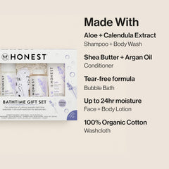 The Honest Company Calming Lavender Bathtime Gift Set Hypoallergenic Bath Essentials for Sensitive Baby Skin Shampoo and Body Wash Face Lotion Bubble Conditioner Cloth