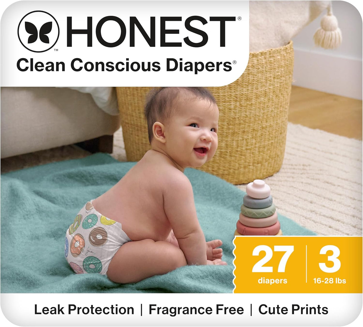 The Honest Company Comfort Dry Disposable Daytime Diapers for Sensitive Skin, Up to 100% Leakproof, Hypoallergenic, Fragrance Free, Donut Grow Up, Polybag, Size 3 (16-28 lbs), 27 Count