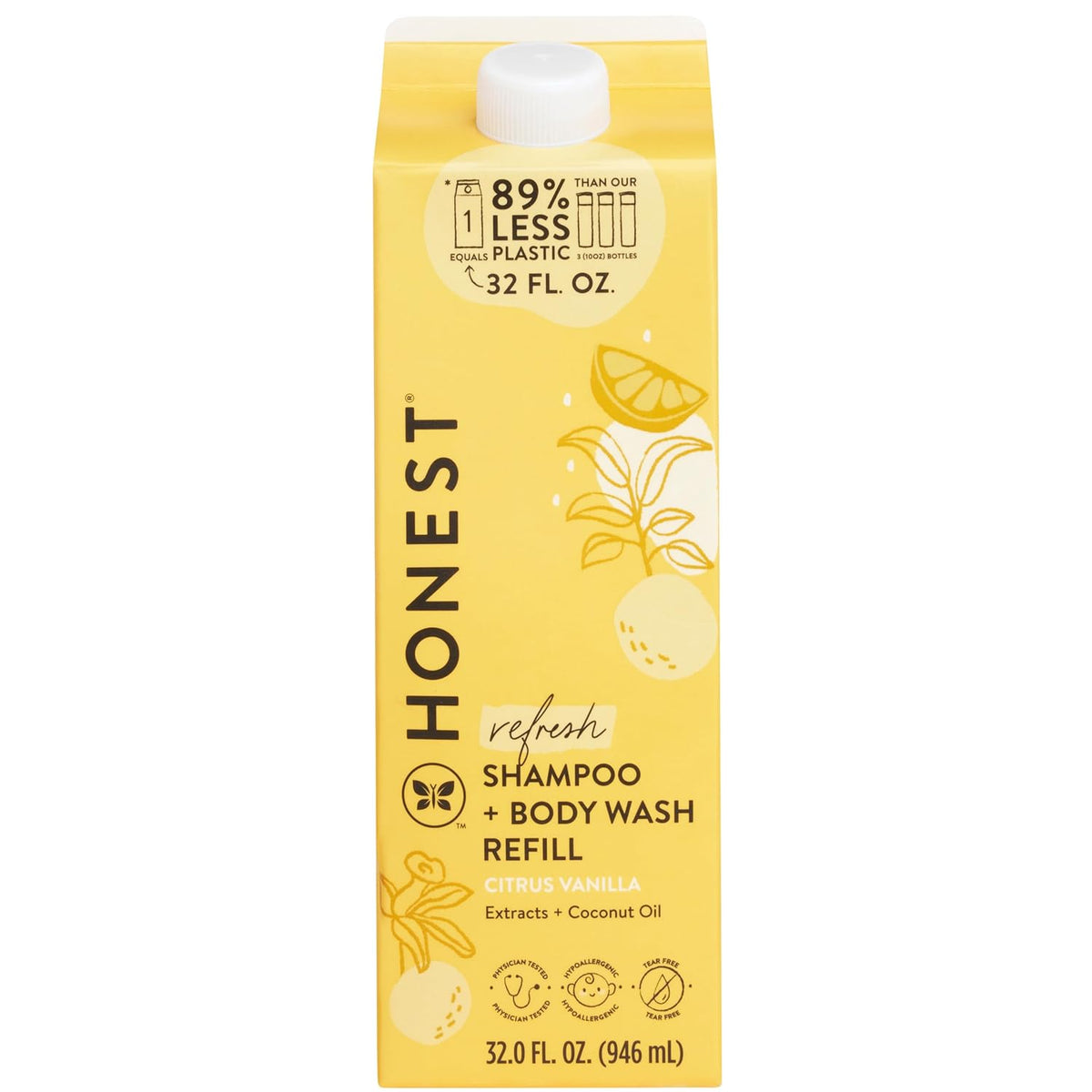 The Honest Company 2-in-1 Cleansing Shampoo Body Wash Refill Carton, Gentle for Baby, Naturally Derived, Tear-free, Hypoallergenic, Citrus Vanilla Refresh, 32 fl oz
