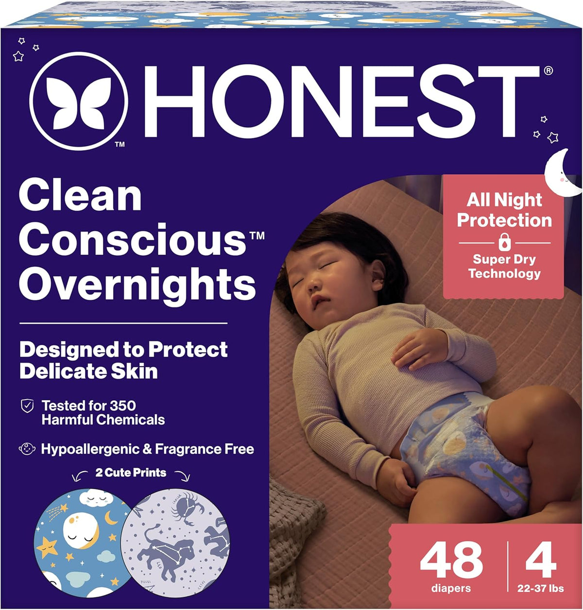 The Honest Company Comfort Dry Overnight Diapers, Up to 12 Hours Protection, Hypoallergenic, Cozy Cloud + Star Signs, Club Box Size 4 (22–37 lbs), 48 Count
