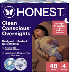 The Honest Company Comfort Dry Overnight Diapers, Up to 12 Hours Protection, Hypoallergenic, Cozy Cloud + Star Signs, Club Box Size 4 (22–37 lbs), 48 Count