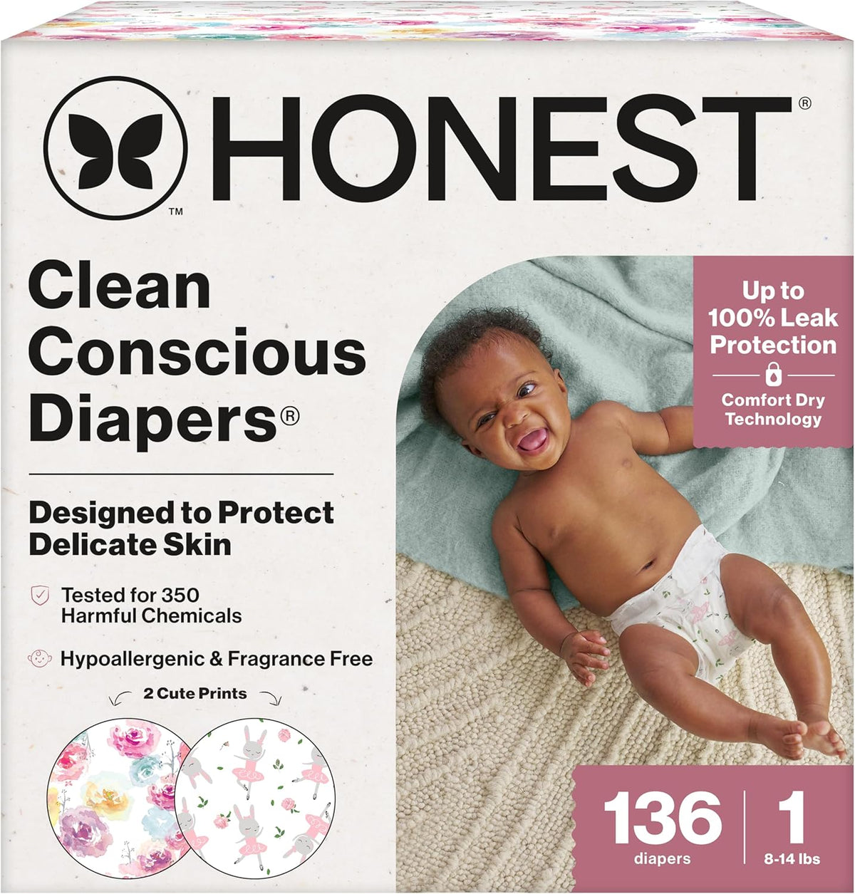 The Honest Company Comfort Dry Disposable Daytime Diapers for Sensitive Skin, Hypoallergenic, Rose Blossom + Tutu Cute, Super Club Box Size 1 (8–14 lbs), 136 Count