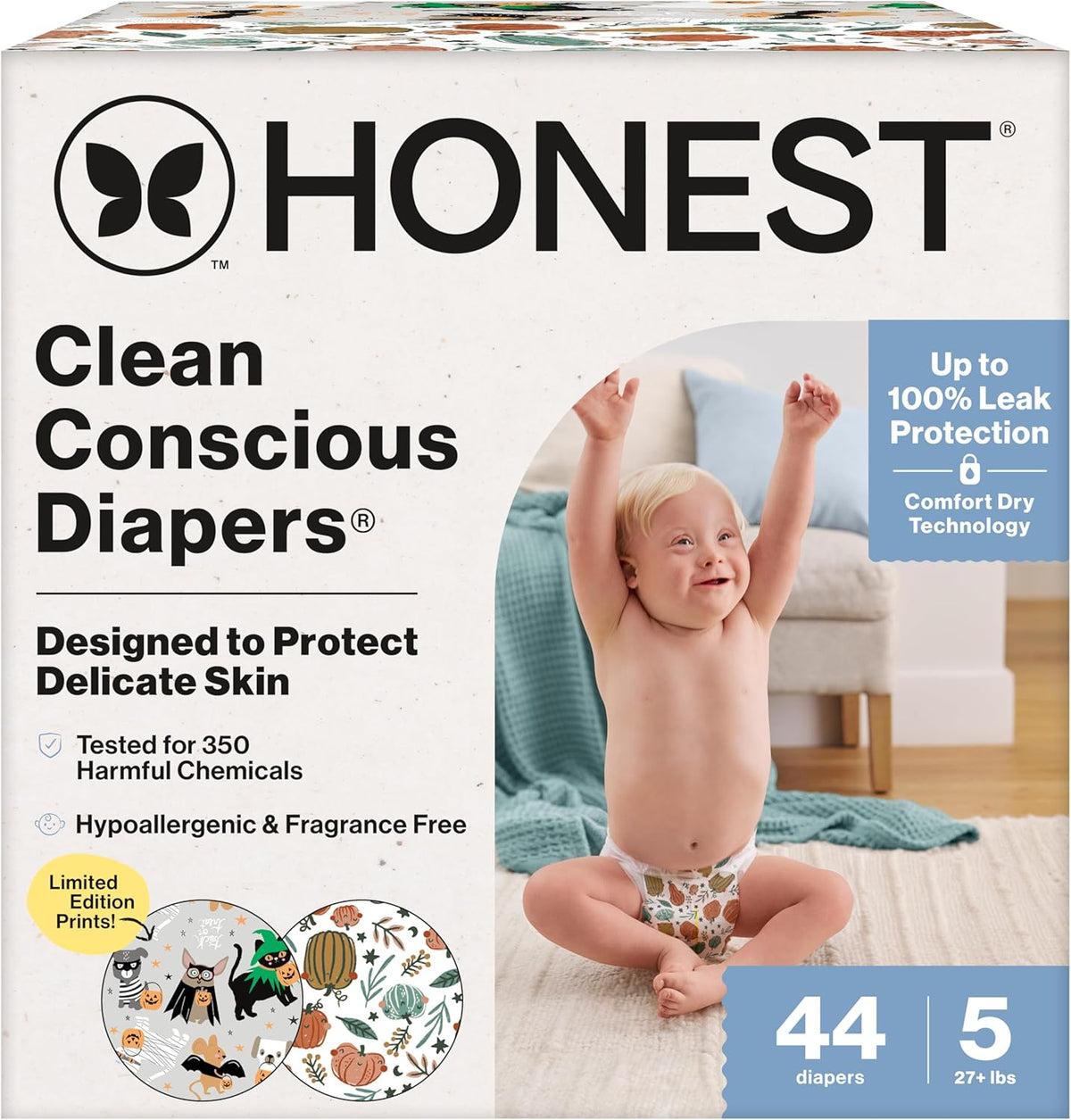 The Honest Company Comfort Dry Disposable Daytime Diapers for Sensitive Skin, Hypoallergenic, Fragrance-Free, Fall '25 Seasonal Prints, Club Box, Size 5 (27 lbs), 44 Count