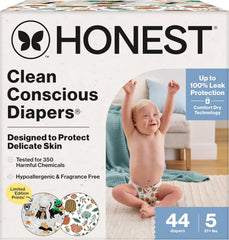 The Honest Company Comfort Dry Disposable Daytime Diapers for Sensitive Skin, Hypoallergenic, Fragrance-Free, Fall '25 Seasonal Prints, Club Box, Size 5 (27 lbs), 44 Count