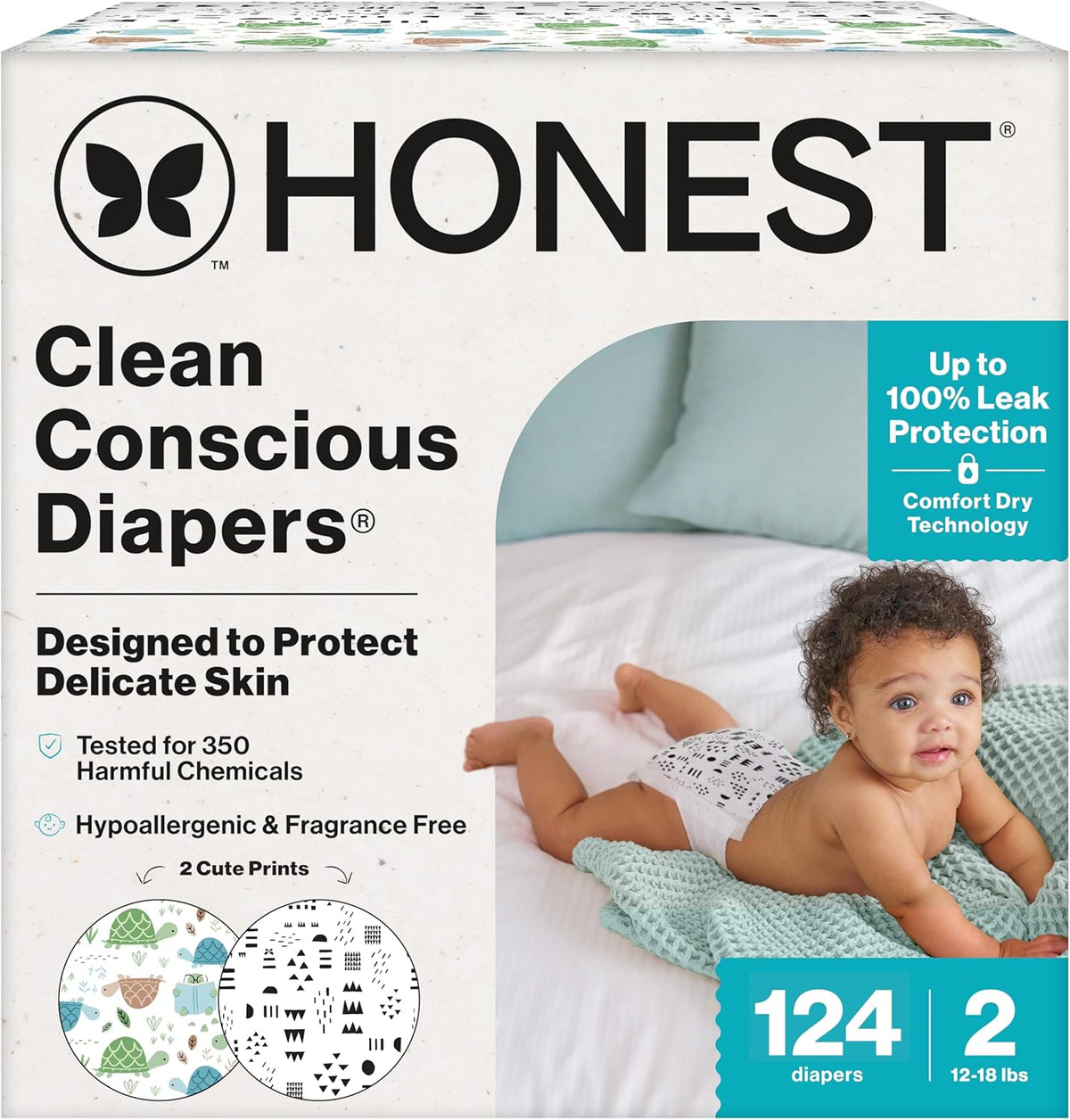The Honest Company Comfort Dry Disposable Daytime Diapers for Sensitive Skin, Hypoallergenic, Barnyard Babies + Pattern Play, Super Club Box Size 2 (12–18 lbs), 124 Count
