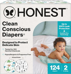The Honest Company Comfort Dry Disposable Daytime Diapers for Sensitive Skin, Hypoallergenic, Barnyard Babies + Pattern Play, Super Club Box Size 2 (12–18 lbs), 124 Count