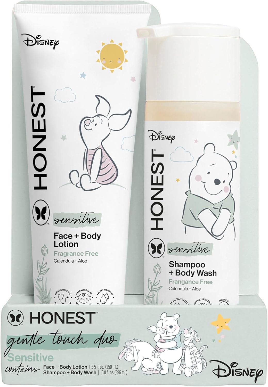 The Honest Company 2-in-1 Cleansing Shampoo and Body Wash, Face Lotion Bundle, Disney Design, Gentle for Baby, Dermatologist Tested, Sensitive Fragrance-Free, 18.5 fl oz
