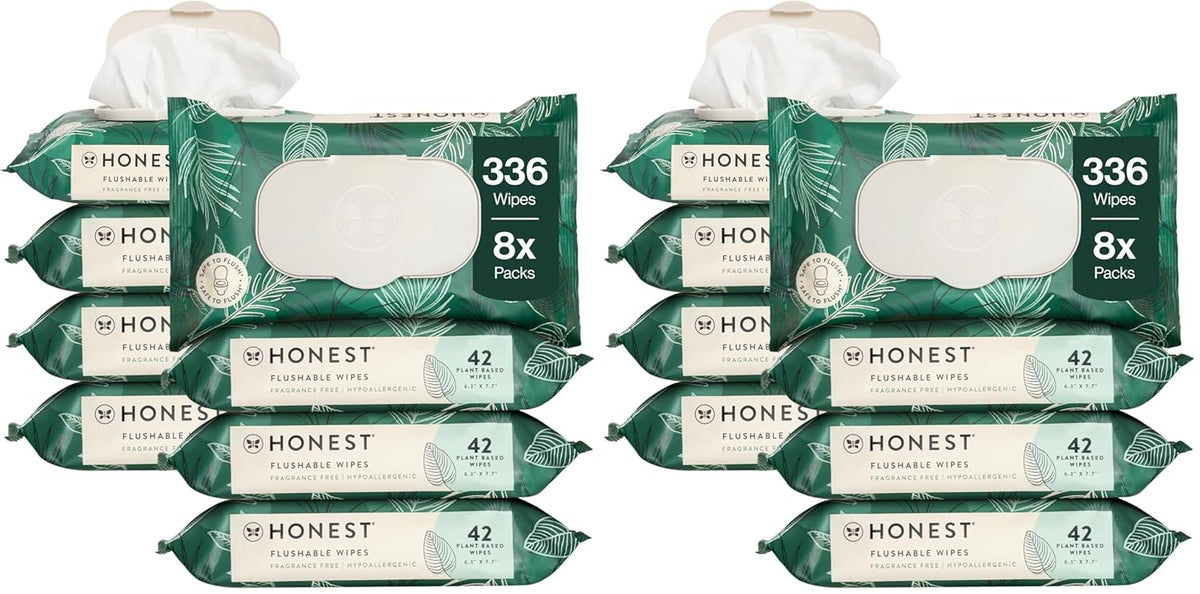 The Honest Company Hypoallergenic Flushable Wipes for Sensitive Skin, Tropical Leaves,42 Count (Pack of 16)