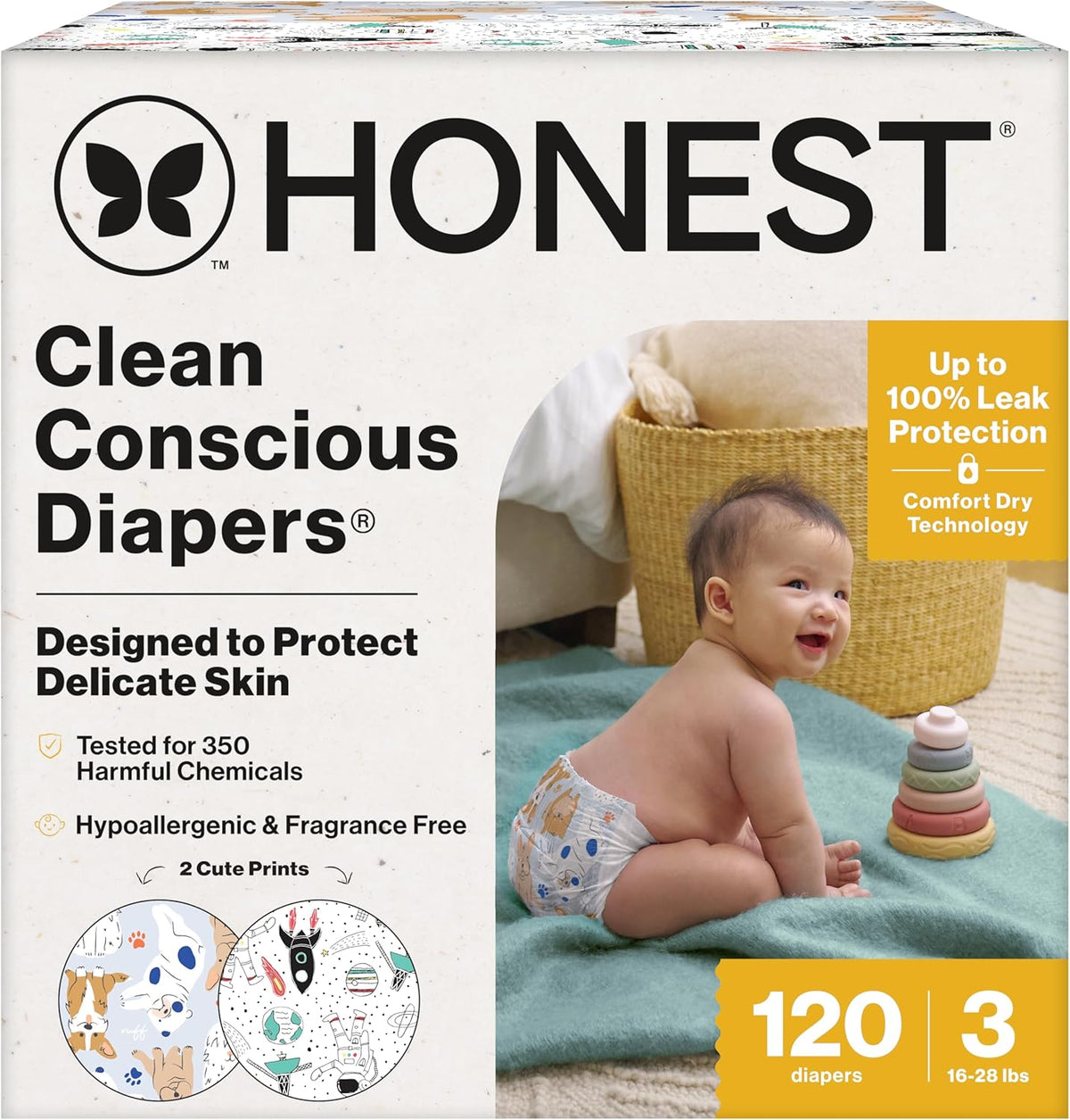 The Honest Company Comfort Dry Disposable Daytime Diapers for Sensitive Skin, Hypoallergenic, Space Travel + It's a Pawty, Super Club Box Size 3, (16–28 lbs), 120 Count