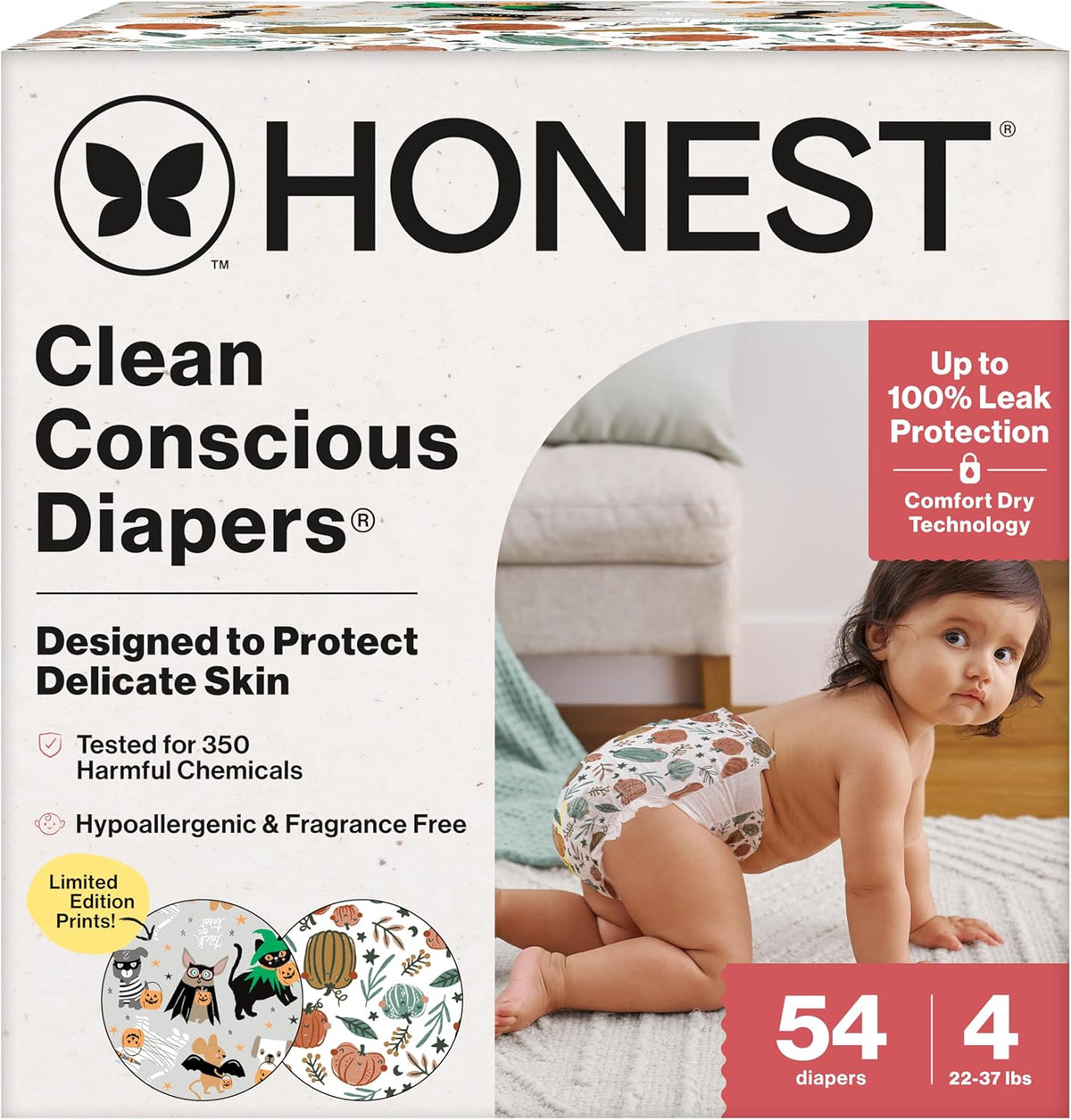 The Honest Company Comfort Dry Disposable Daytime Diapers for Sensitive Skin, Hypoallergenic, Fragrance-Free, Fall '25 Seasonal Prints, Club Box, Size 4 (22-37 lbs), 54 Count