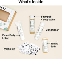 The Honest Company Fragrance-Free Bathtime Gift Set, Hypoallergenic, Bath Essentials for Sensitive Skin, Shampoo and Body Wash, Face Lotion, Bubble Bath, Conditioner, Wash Cloth