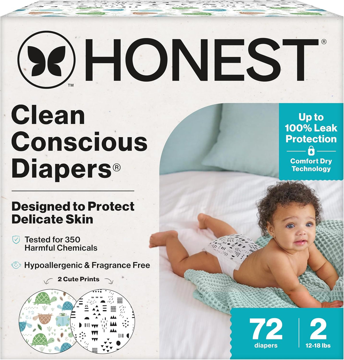 The Honest Company Comfort Dry Disposable Daytime Diapers for Sensitive Skin, Hypoallergenic, Fragrance-Free, Turtle Time + Pattern Play, Club Box Size 2 (12-18 lbs), 72 Count