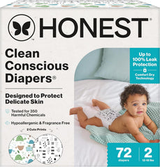 The Honest Company Comfort Dry Disposable Daytime Diapers for Sensitive Skin, Hypoallergenic, Fragrance-Free, Turtle Time + Pattern Play, Club Box Size 2 (12-18 lbs), 72 Count