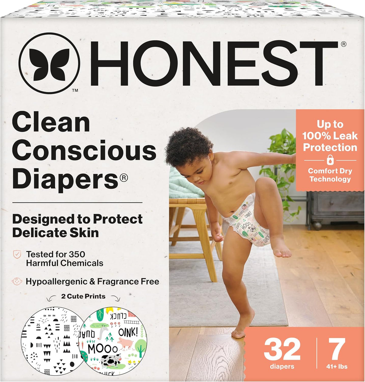 The Honest Company Comfort Dry Disposable Daytime Diapers for Sensitive Skin, Hypoallergenic, Fragrance-Free, Barnyard Babies + Pattern Play, Club Box, Size 7 (41 lbs), 32 Count