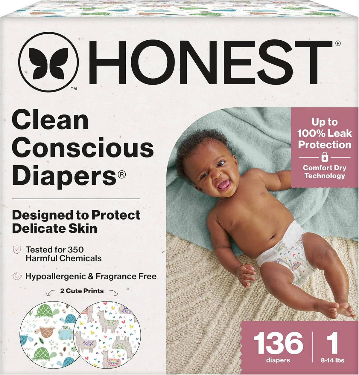 The Honest Company Comfort Dry Disposable Daytime Diapers for Sensitive Skin, Hypoallergenic, All the Alpacas + Turtle Time, Super Club Box Size 1 (8–14 lbs), 136 Count