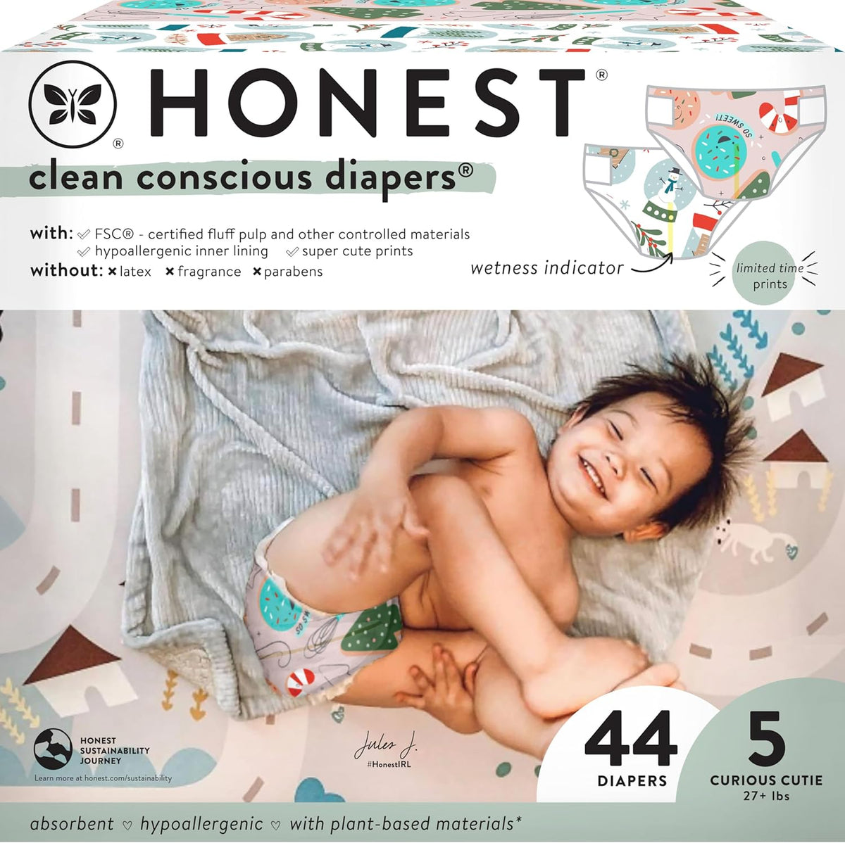 The Honest Company Comfort Dry Disposable Diapers, Plant-Based Sustainable, Winter '24 Seasonal Prints, Club Box, Size 5 (27 lbs), 44 Count
