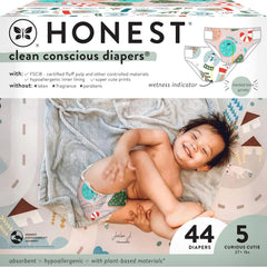 The Honest Company Comfort Dry Disposable Diapers, Plant-Based Sustainable, Winter '24 Seasonal Prints, Club Box, Size 5 (27 lbs), 44 Count