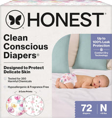 The Honest Company Comfort Dry Disposable Daytime Diapers for Sensitive Skin, Hypoallergenic, Rose Blossom + Tutu Cute, Club Box Size Newborn 72 Count